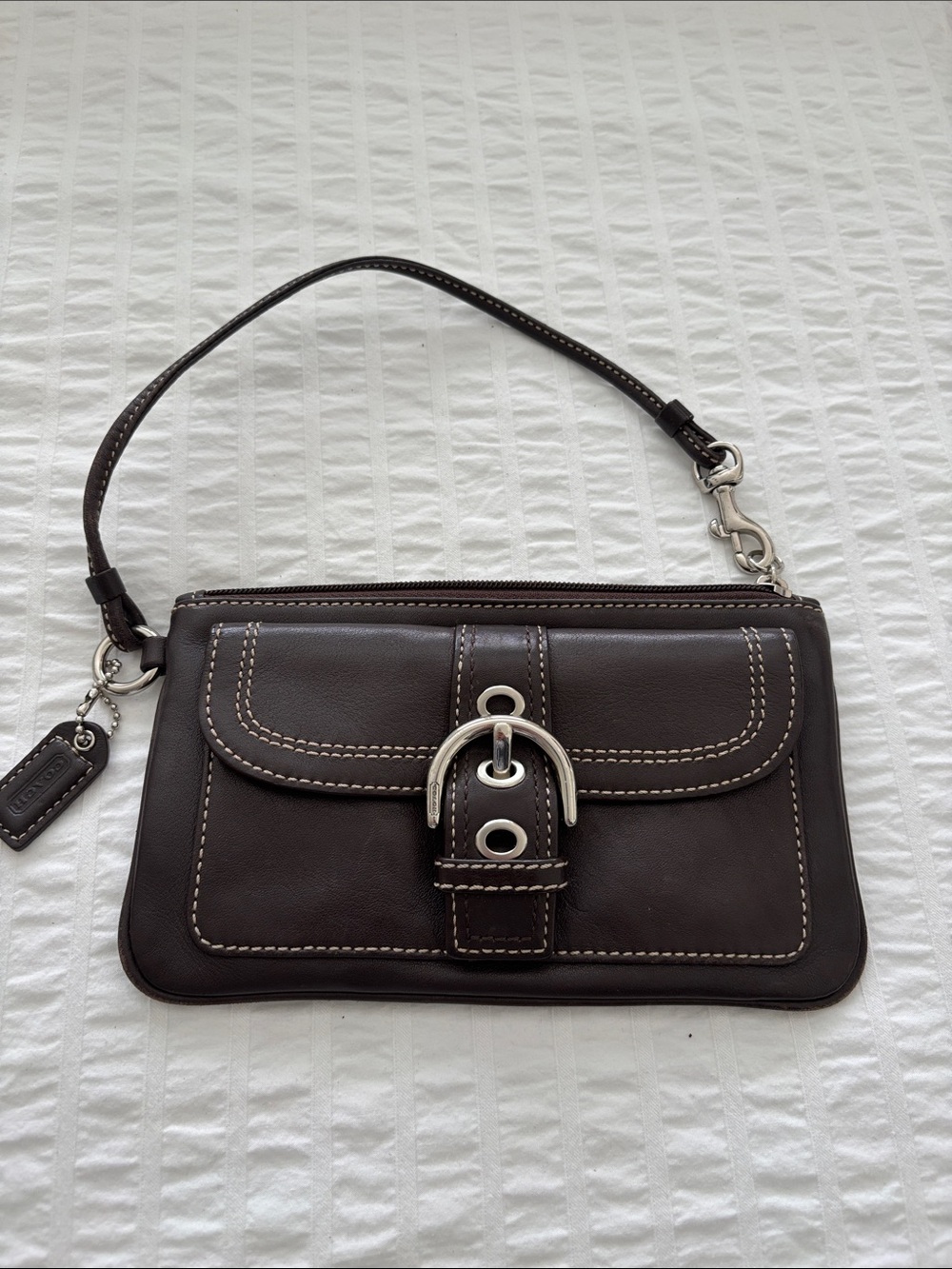 Coach Brown Leather Wristlet with Silver Buckle